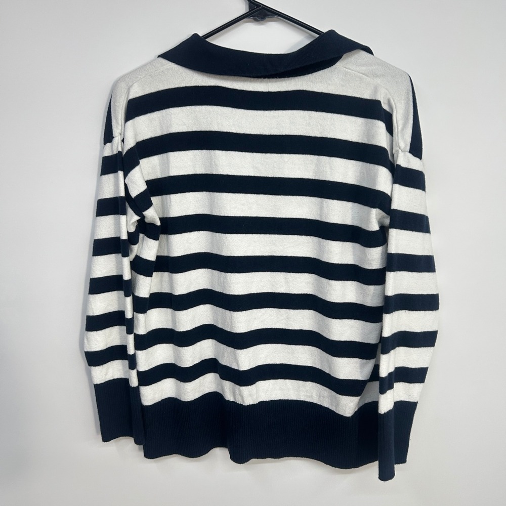 L.L. Bean Striped Cotton Cashmere Polo Sweater Medium Navy White Nautical Preppy - Picture 7 of 9